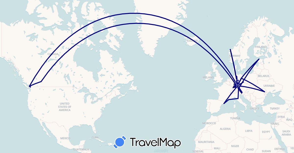 TravelMap itinerary: driving in Austria, Canada, Germany, Estonia, Spain, France, Italy, Moldova, Norway, Slovenia, United States (Europe, North America)